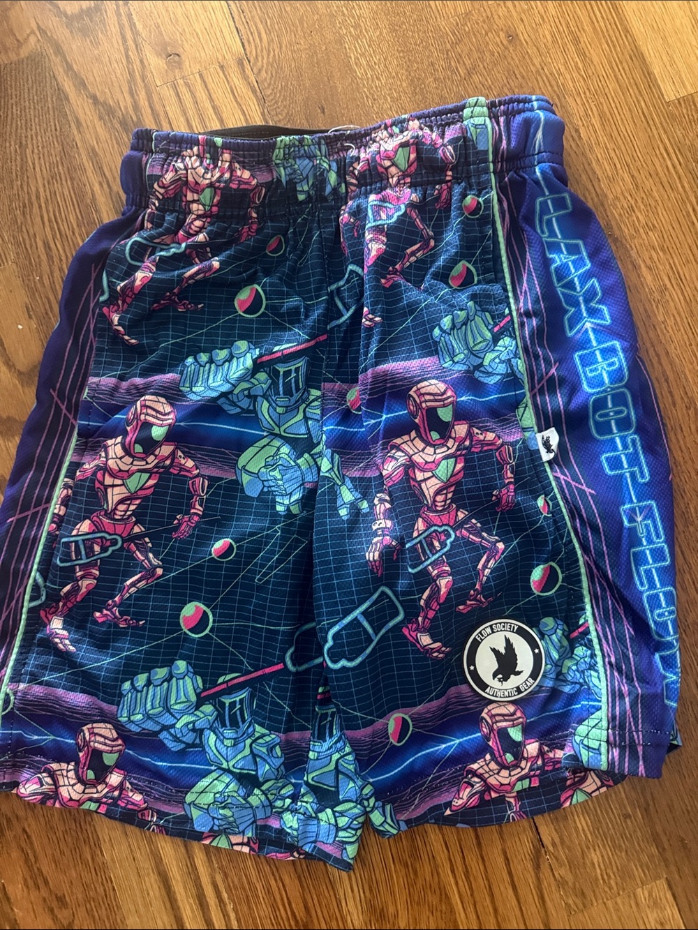 Kids Neon Robot Print Athletic Shorts - Blue & Purple